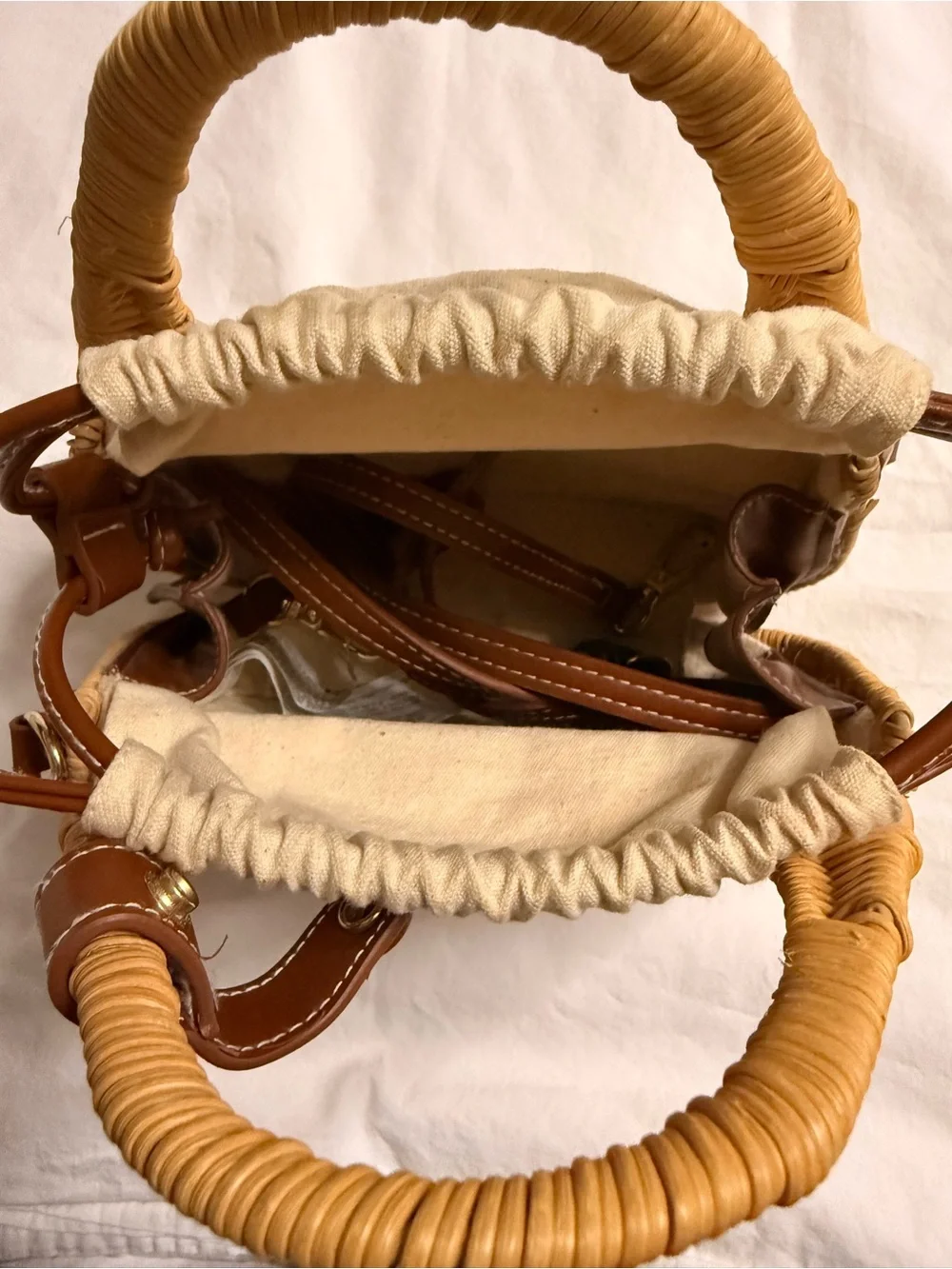 ZARA Woven Rattan Top-Handle Bag with Cream Drawstring Liner (158)